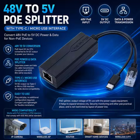 POE Splitter 48V to 5V USB tpye-C 100Mbps and1000Mbps Gigabit POE Camera Injector Power Supply for H