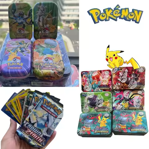 42/48pcs Iron Metal Box Set Pokémon Battle Toys in English & Spanish with Pikachu Crown Zenith Pokem