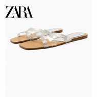 Zara Flat Slippers Transparent Rhinestone Flat Shoes Casual Square Toe Open Toe Cross Strap Sandals Slippers