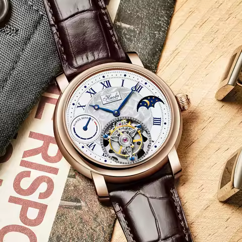 Haofa Manual Tourbillon Mechanical Mens Watch MoonPhase Skeleton Sapphire Mechanical Watches For Men