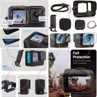 GoPro Hero12 11 10 9 配件套件 保護套  鏡頭蓋 螢幕保護貼（2 件裝）替換電池門蓋 掛繩 Black Silicone Sleeve Case for Go Pro Hero 1