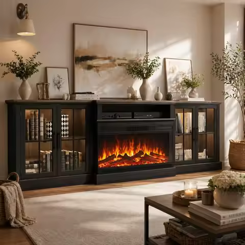 Black 98 Farmhouse TV Stand with 36 Fireplace, Media Center for Living Room, Fits TVs up to 100
