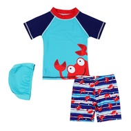 Cute Boys Rashguard Two Pieces Swimsuit Set Swimwear Short Sleeve Cartoon Crab Bathing Suit Rash Guards with Swim Cap 2-13YTH