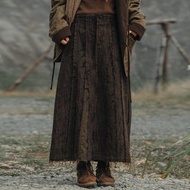 黑巧藻綠 色織棉羊毛拼接長裙 半鬆緊腰中長款半身裙