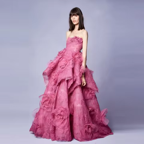 3D Floral Layered Women Maxi Dresses Ever Pretty Pink Prom Gowns To Party Lace Strapless Dubai Brida