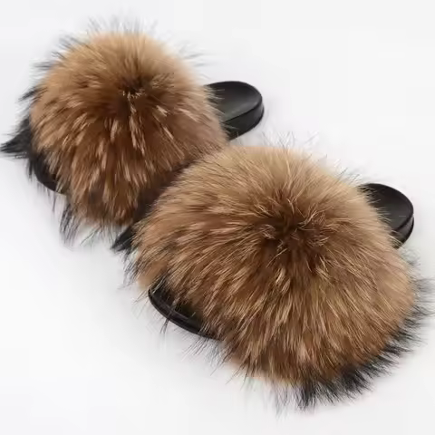Real Raccoon Fur Slippers Women's Summer Fur Slippers Big Size Furry Natural Fur Shoes Beach Plush S