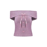 Áo Kiểu Trễ Vai Đính Nơ Phong Cách Coquette 111c