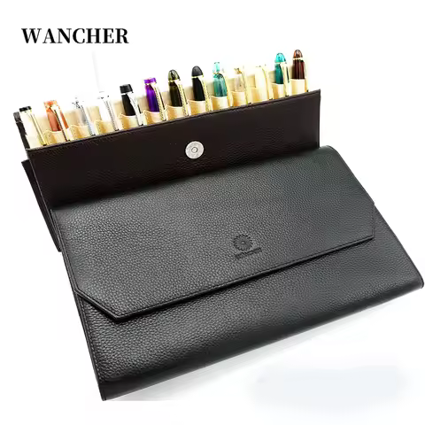 Wancher Pencil Bag Genuine Leather Fountain Pen Case Cowhide High-Capacity 13 Pens Holder Pouch Slee