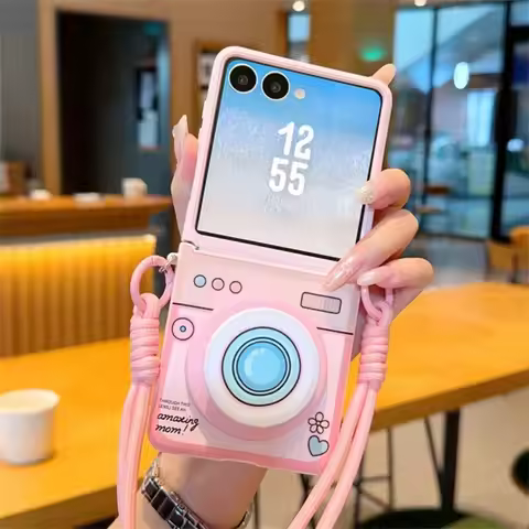 Cute Sweet Magnetic Pink Camera Pattern Case with Bracket Portable Rope for Samsung Galaxy Z Flip7 f