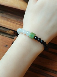 天然黃加綠翡翠桶珠手串 l 漸綠翡翠珠・檀木珠