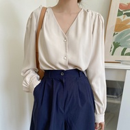 Bishop Sleeve Button Front Blouse,Fall Clothes,Back To School Clothes Preppy Tops Long Sleeve Top