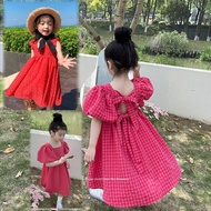 Birthday Dress for Baby Girl 1st Cute Plaid Bowknot Puff Sleeve Princess Dress for Kids Girl 2-6 Years Old Summer Fashion Dresses Girls Korean Style Casual Dresses