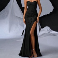 Glamorous Sexy Strapless Decor Bodice Mermaid Style Slit Hem Evening Dress, Black Elegant Formal Gow
