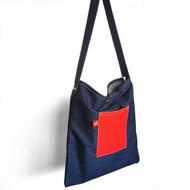 Plus 1 深藍丹寧牛仔配紅帆布單肩袋/單肩包/背包