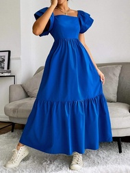MC910 Womens A- Line Dress Pure Color Long Skirt One Shoulder Sleeveless Empire Waist Gored Hem New 