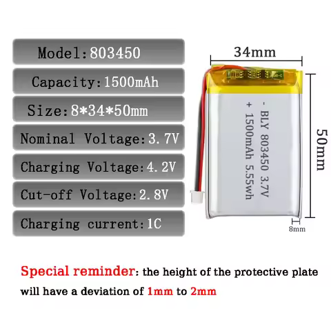 803450 3.7V 1500mAh Li-Polymer Battery Standard PH1.25mm Interface Wide Compatibility