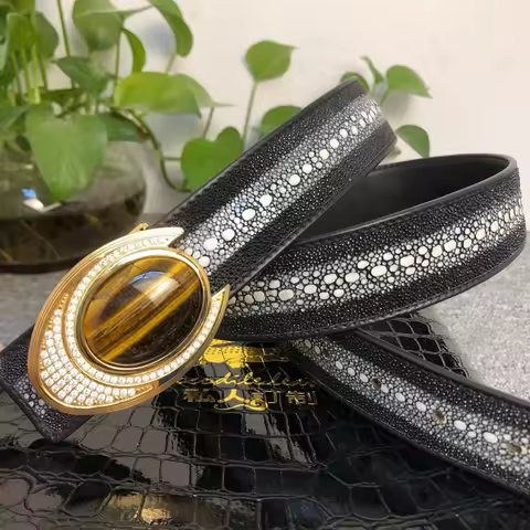 Authentic Real Stingray Leather Colorful Rhinestone Pin Buckle Men's 3.8 Belts Genuine Exotic Pearl 