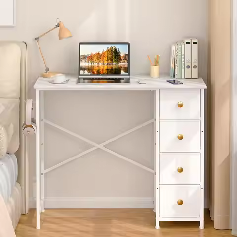 35.4 Inch White Study Desk with Drawers, Reversible Design for Bedroom, Office, and Small Spaces