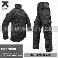 SATU SET SETELAN BAJU KAOS BDU TACTICAL COMBAT SHIRT CELANA CARGO PDL PANJANG HITAM BLACK RIPSTOP K