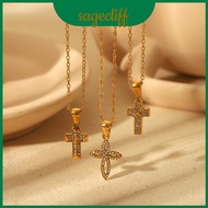 Cross Pendant Stylish Necklace For Women With Cz Inlay Gold Stainless Steel