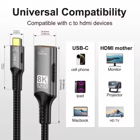 Type C to HDMI Extension Cable 8K@60Hz 4K@120Hz C to HDMI Adapter 32.4Gbps For Laptop MacBook PC Pho