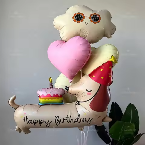 Cartoon Birthday Sausage Dog Heart Shape Cream Clouds Foil Balloon Dog Theme Party Balloon Birthday 