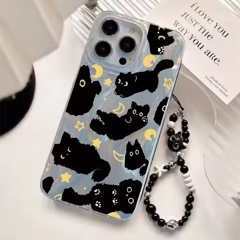 Star Moon Black Cat Chain Phone Case For OPPO Realme 5 5i 5s 6 6i 7 7i 8i 8 10 11 12 13 14 15 Pro Pl