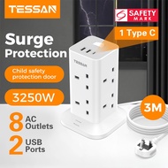 TESSAN Extension Plug 3M Extension Cord with 8 AC , Tower Power Socket Extension with 3 USB (1C)