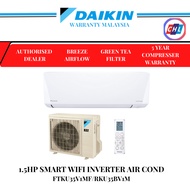 DAIKIN (Smart WIFI+5STAR)(READY STOCK) R32 GIN ION 1.5HP INVERTER AIR COND  FTKU35BV1MF/RKU35BV1M
