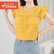 Women Casual Plain Jacquard Lace Ruffle Spring/Summer Yellow Blouse L134ED448