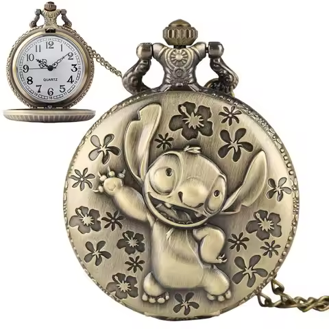 Disney Stitch Quarzt Pocket Watch with Chain Necklace Vintage Quartz Pendant Watches Clock Chain Men