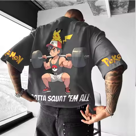 Summer 2026 Pokemon Cotton T Shirt Ash Ketchum And Pikachu Back Print Weight Training Design Sleeve 