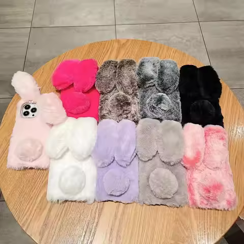3D Rabbit Fluffy Fur Phone Case For Google Pixel 6 6A 7 7A 8 8A 9 8A 10 Pro Cute Warm Bunny ears Cov
