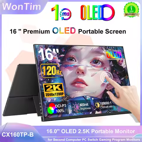WonTim 16.0'' OLED Portable Monitor 2560x1600p Metal Frame with Stand 100%DCI-P3 Office Travel Displ