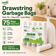 [SG Stock] 75Pcs Drawstring Garbage Bag Heavy Duty Thickened Trash Bag 14L HDB Bin Liners Leak-proof