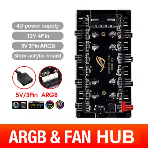 5V/3 Pin ARGB 12V/4Pin RGB Fan PWM HUB 1 To 8 Way Splitter for PC Motherboard LED Strip Light Contro