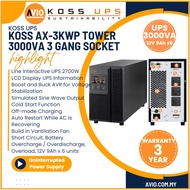 KOSS Axcell Tower 3000VA 2700W Uninterrupted Power Supply 3x UK 3 Pin Socket 6x 12V 9 AH AX-3KWP