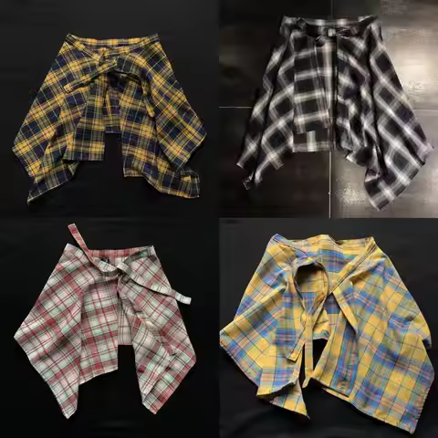 Unisex Checkered Layered Short Wrap Skirt Irregular Pleated Apron Skirt Tie Up A Line Hip Scarf Over