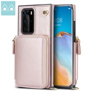 Leather Zipper Wallet Case For Huawei P40 / P40 Pro / P40 Pro Plus with Wrist Strap Cards Slots Hold