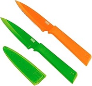 Kuhn Rikon COLORI+ Non-Stick Straight and Serrated Paring Knives with Safety Sheaths, Set of 2, Orange and Green