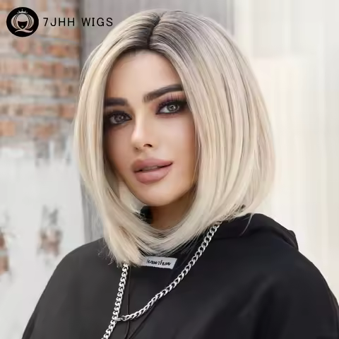 7JHH WIGS Ombre Blonde Bob Wig for Women Daily Cosplay Short Synthetic Middle Part Wigs Platinum Lol