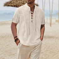 yimeidongrz Men V-neck T-shirt Retro Style Men Tee Men's V-neck Collar T-shirt Cotton Blend Solid Co