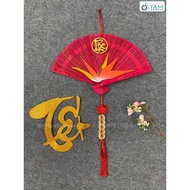 [Various words - Wooden fan] Door ring CNY Red fan with Bird of Paradise flower QUAT-08
