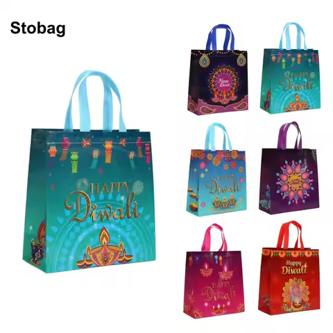 StoBag 8/20pcs Diwali Holiday Non-woven Gift Tote Bag Large Fabric Kids Packaging Handbag Waterproof