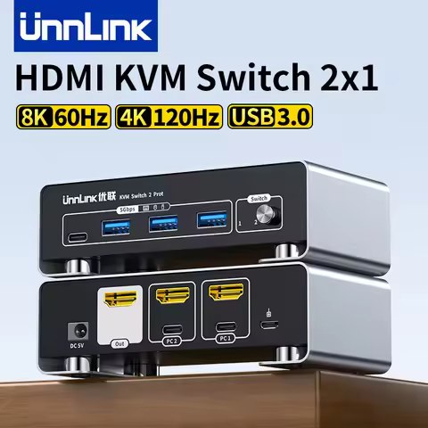 Unnlink 8K 60Hz HDMI KVM Switch 4K 120Hz USB C USB 3.0 KVM Switcher 2 PCs Sharing 1 Monitor, Mouse, 