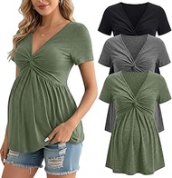 3 Pack V Neck Front Knotted Maternity Tops Short Sleeve Ruched Pregnancy Tunic Shirts Summer Casual 