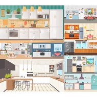 Flat Kitchen Scene Cartoon Fashion Home Decoration Layout Illustration AI Format Vector Design Mater
