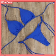 Bluelans 2 Pcs/Set Bikini Set Solid Color Halter Neck Strap Thong Women Swimsuit Set for Beach