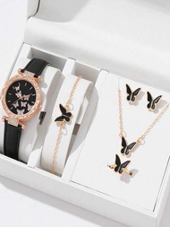 6入組奢華女性手錶,戒指,項鍊,耳環,手鍊套裝,蝴蝶pu皮革石英手錶,無盒包裝
