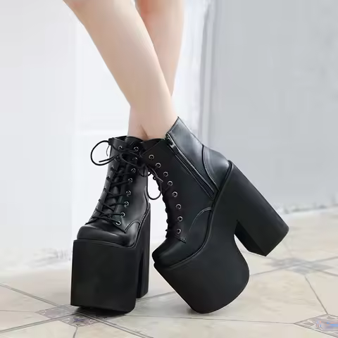 17cm Boots For Women Fashion Black Ankle Boots Punk Style Autumn Cosplay Shoes High Heels Goth Platf